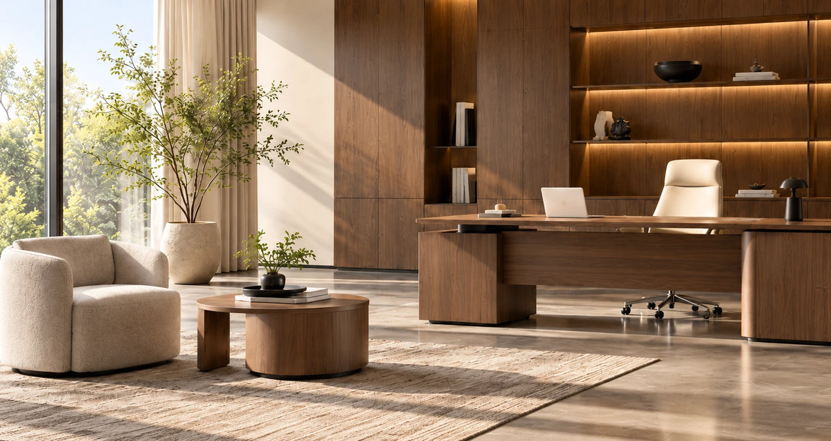 Walnut office with cream lounge seating, a round coffee table and natural light